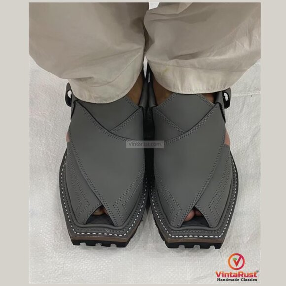 Classic Grey Leather Peshawari Chappal: Traditional & Trendy Footwear Gift main image 6